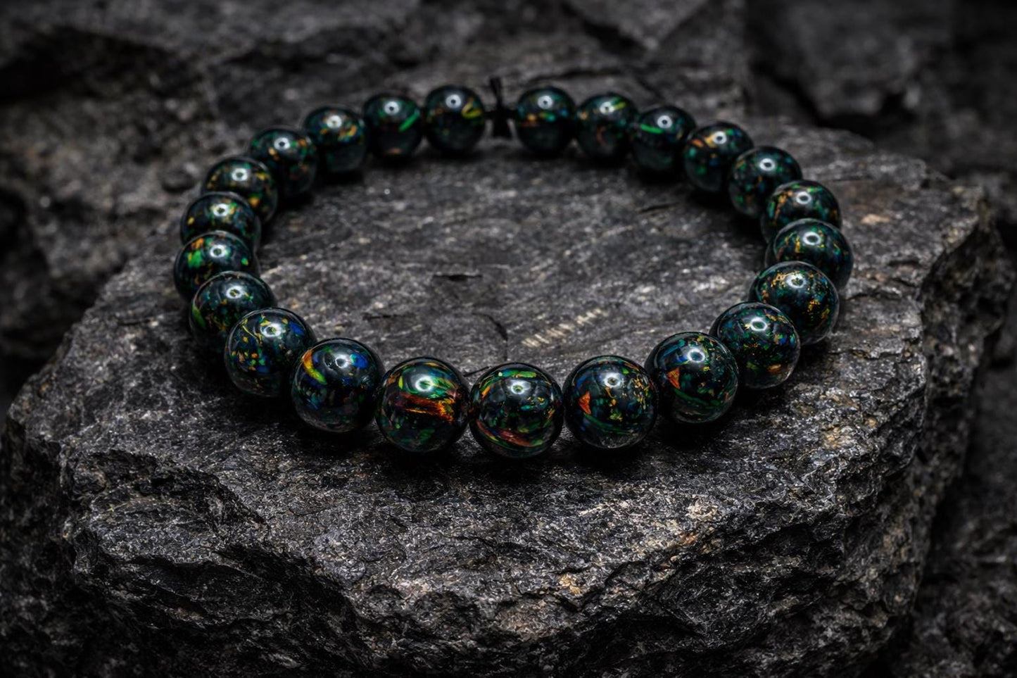 Black Synthetic Opal Bracelet • 6 mm Beads • Handmade Modern Jewelry • Zwart Opaal Armband