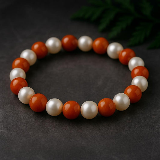 Armband Oranje Koraal & Zoetwaterparel – Coral Pearl Bracelet – Handgemaakte Luxe Sieraden – Natural Gemstone Jewelry - AAA+ 6mm beads