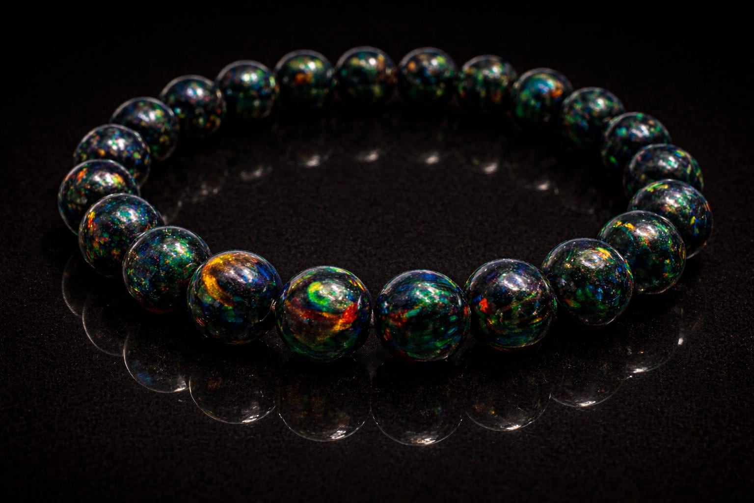 Black Synthetic Opal Bracelet • 6 mm Beads • Handmade Modern Jewelry • Zwart Opaal Armband