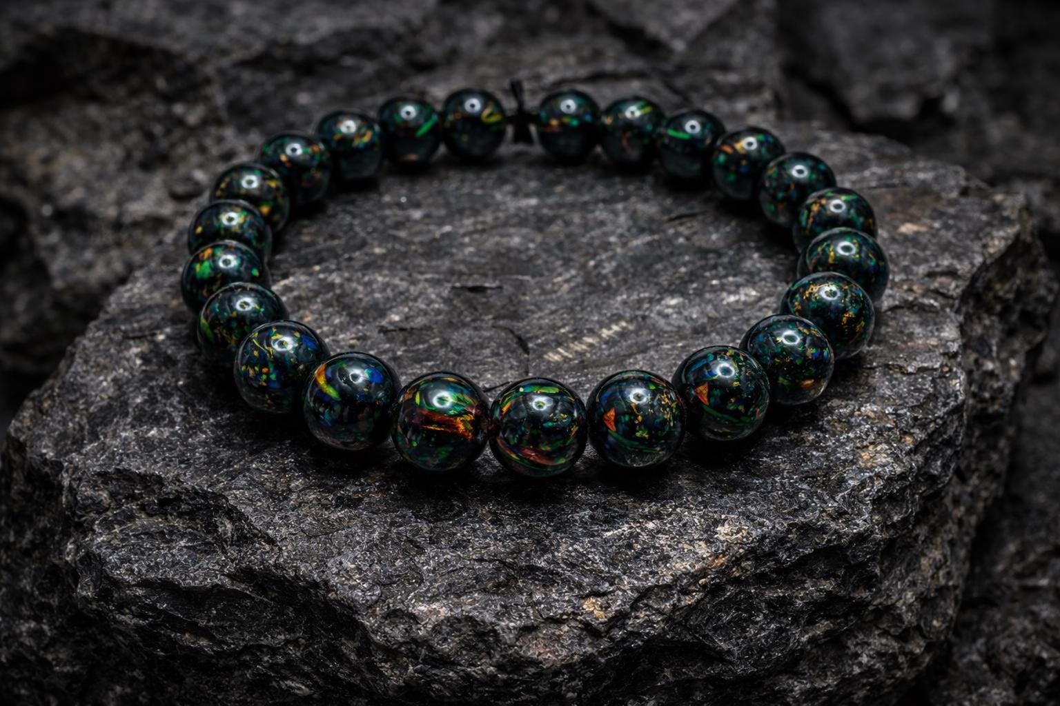 Black Synthetic Opal Bracelet • 6 mm Beads • Handmade Modern Jewelry • Zwart Opaal Armband