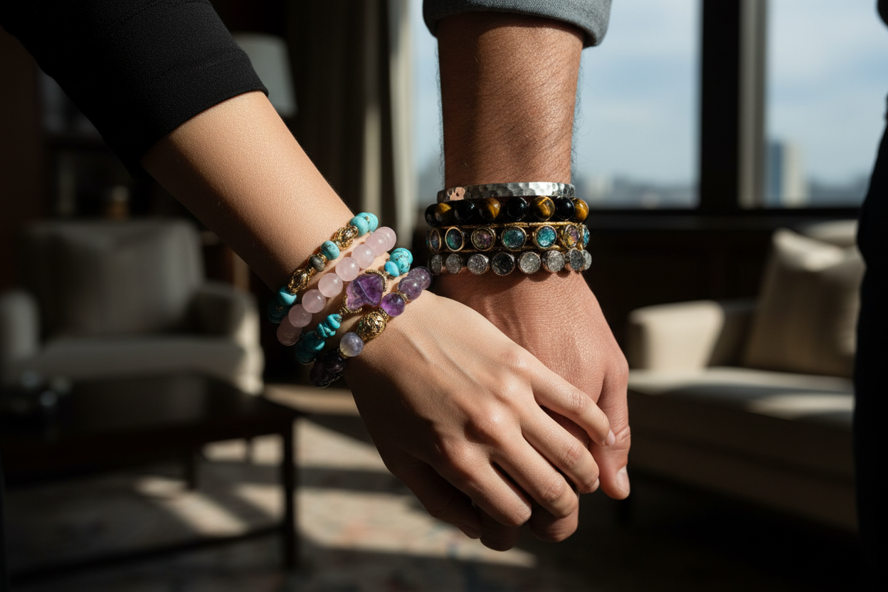 Luxe lifestyle afbeelding edelstenen armbanden man en vrouw